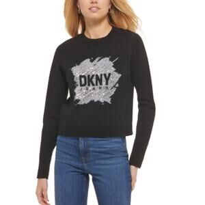 DKNY JEANS Womens Sequin Logo Crewneck Sweater Medium Black Stretch Pullover NWT
